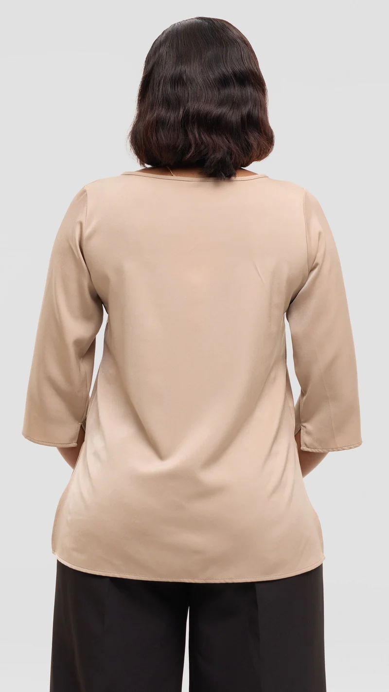 Vivo 3/4 Sleeve Side Slit Top in Satin - Beige