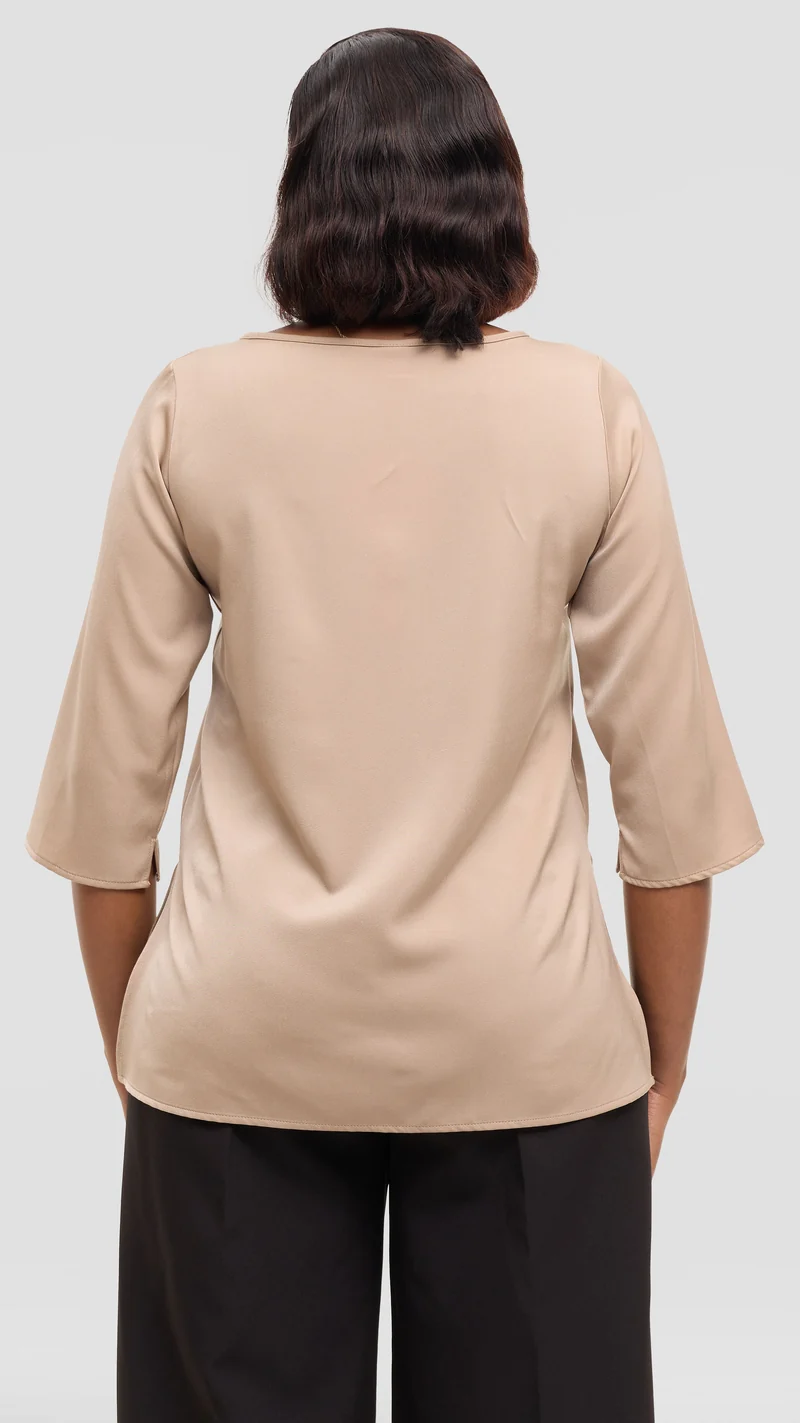 Vivo 3/4 Sleeve Side Slit Top in Satin - Beige
