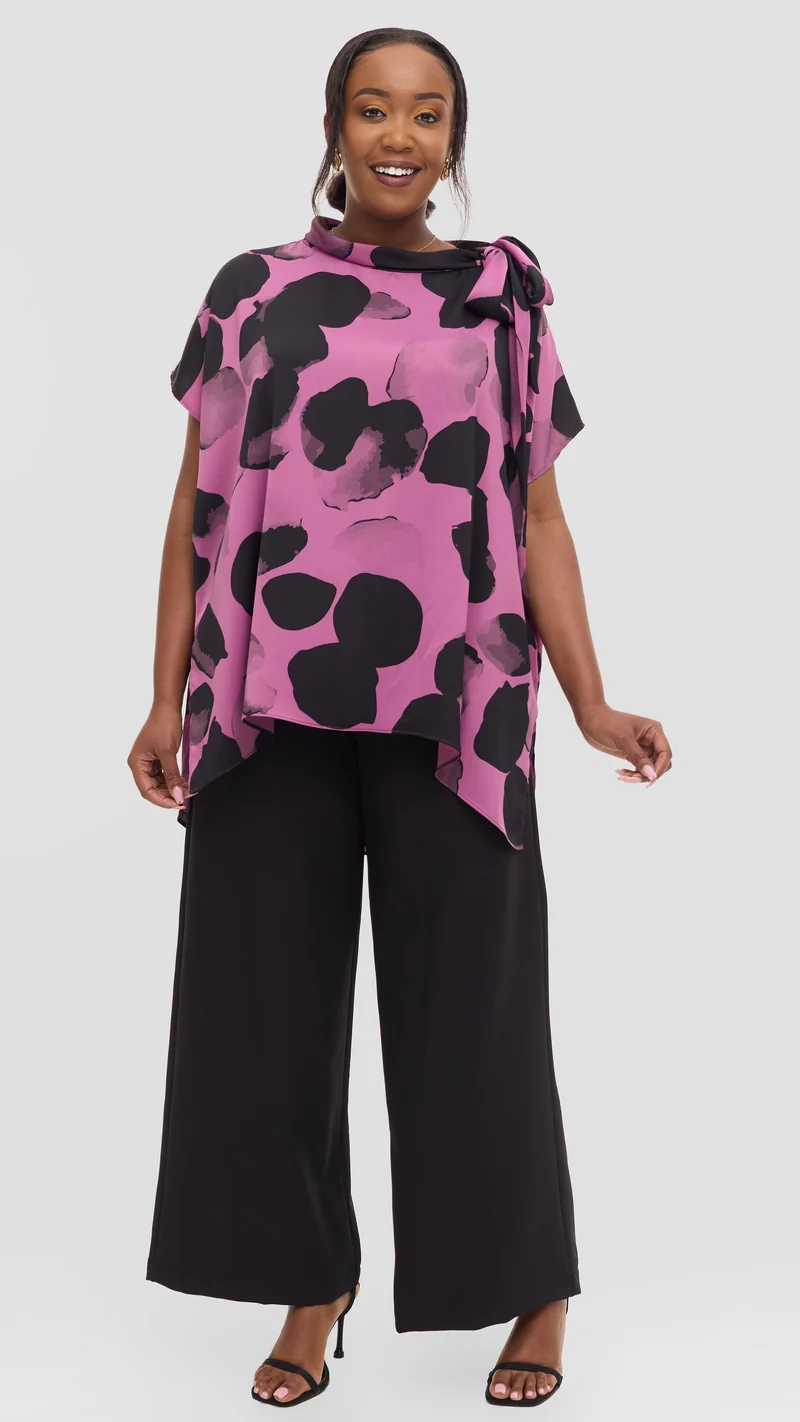 Vivo Takali Tunic Top in Textured Satin - Lilac / Black Arisi Print