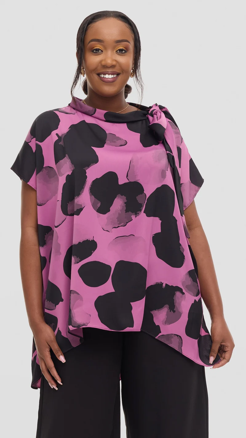 Vivo Takali Tunic Top in Textured Satin - Lilac / Black Arisi Print