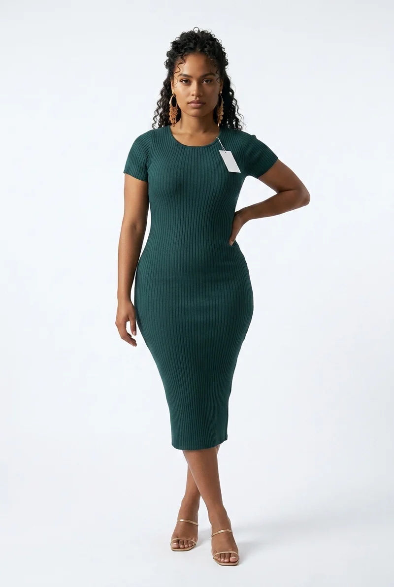 Stylish Sisters Short Sleeve Ribbed Knit Bodycon Midi Dress - Jungle Green
