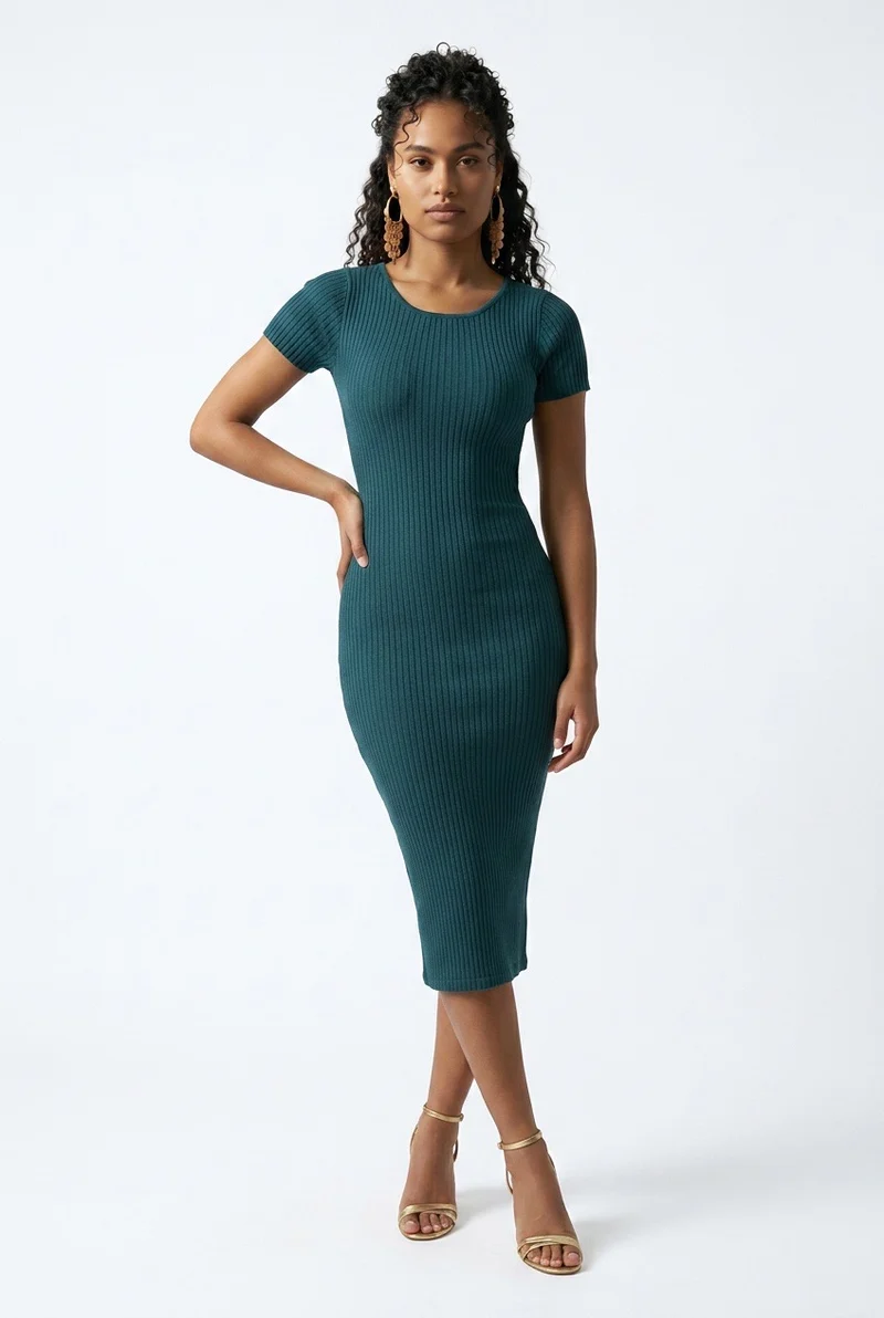 Stylish Sisters Short Sleeve Ribbed Knit Bodycon Midi Dress - Jungle Green