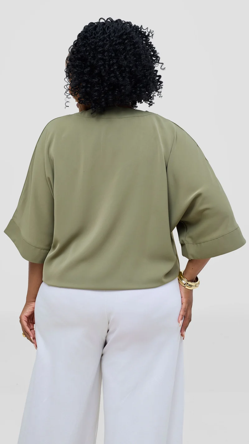 Vivo Liora Drawstring Kimono Sleeve Top - Olive Green