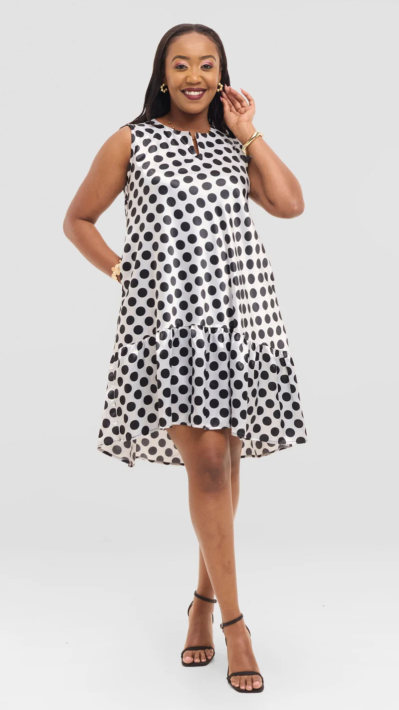 The Noir Dot Flounce Dress - White / Black Polka