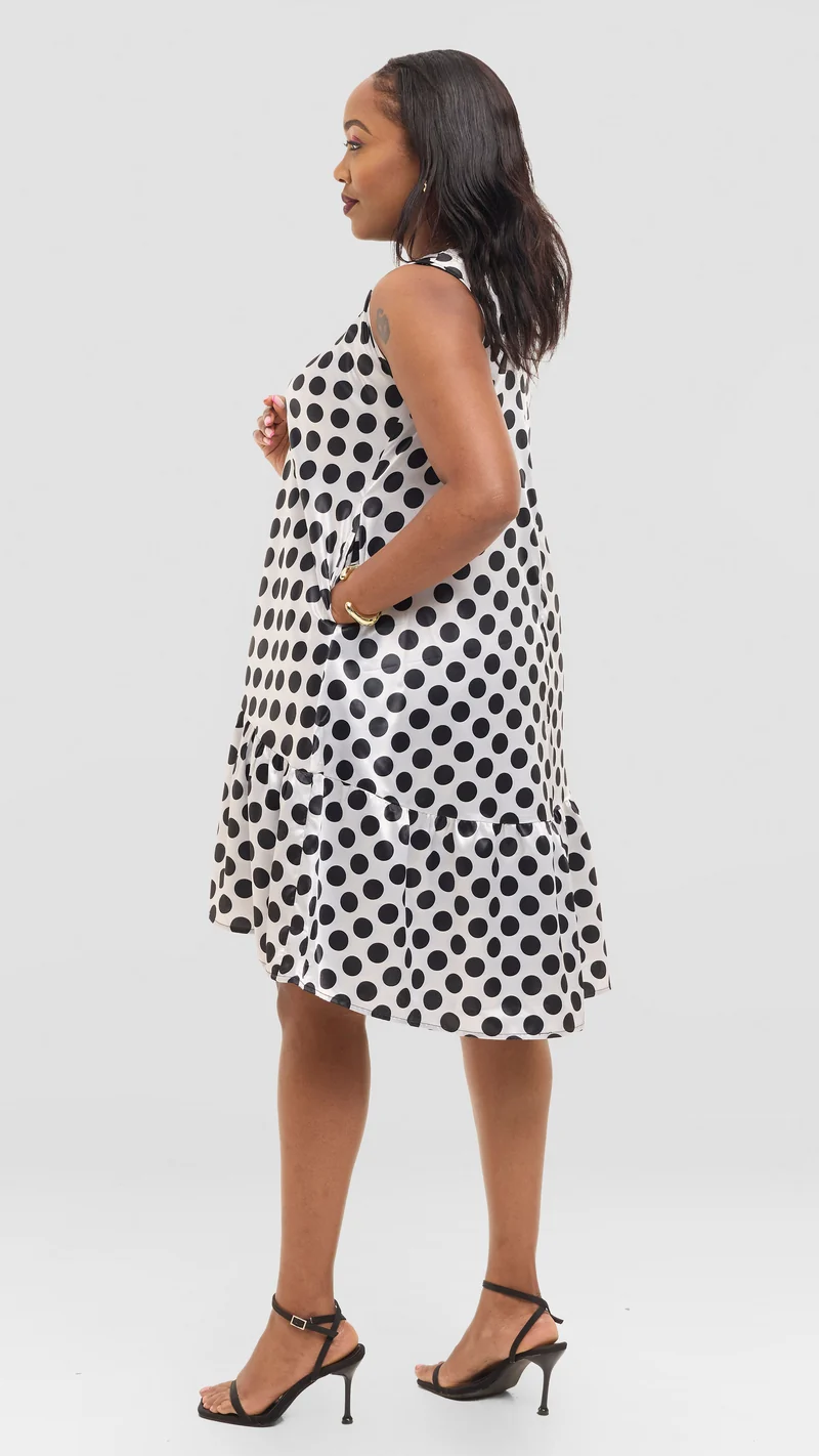 The Noir Dot Flounce Dress - White / Black Polka