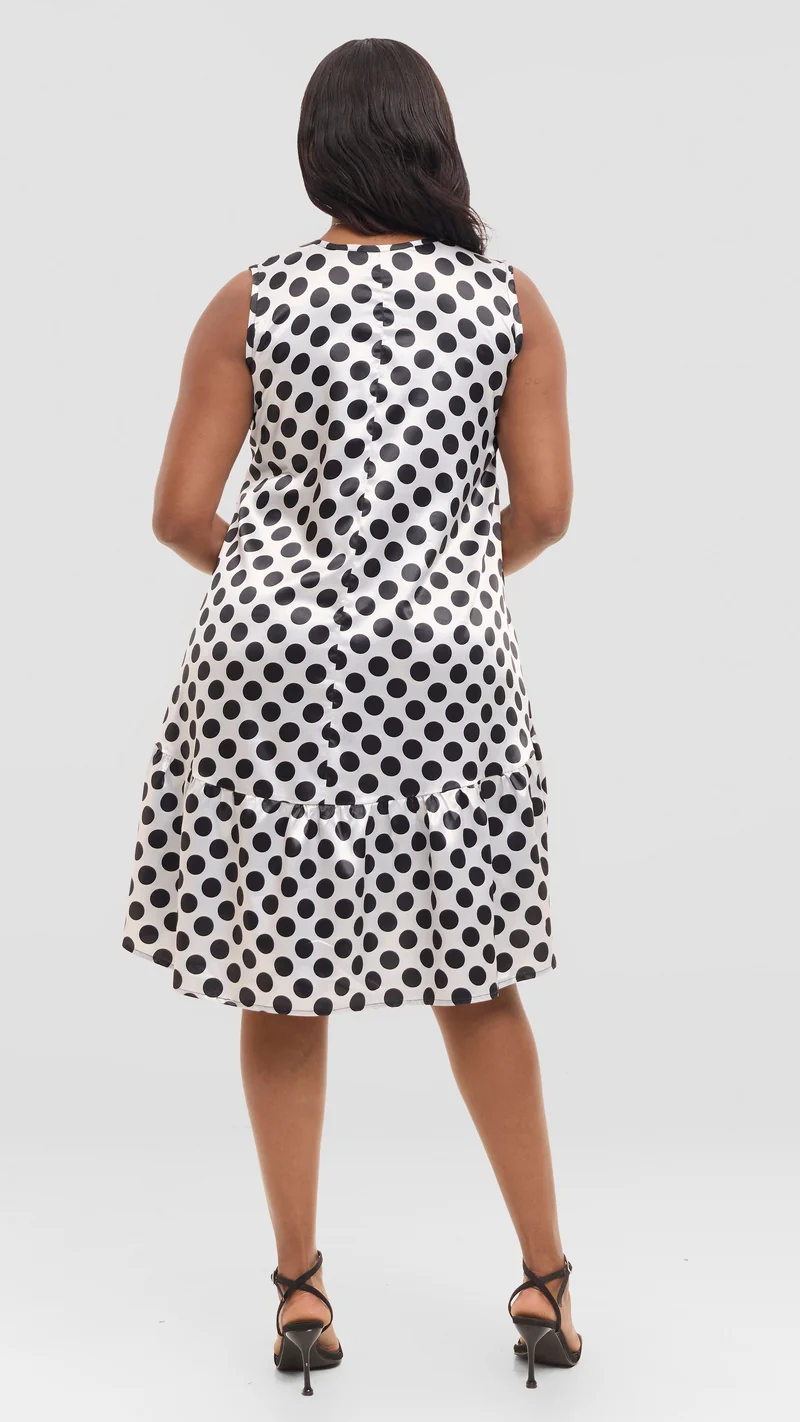 The Noir Dot Flounce Dress - White / Black Polka