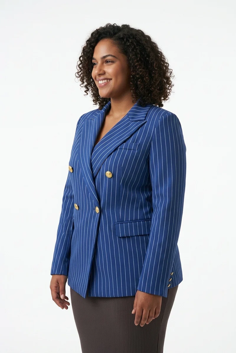 Stylish Sisters Double-Breasted Tailored Blazer with Gold Buttons - Navy Blue / White