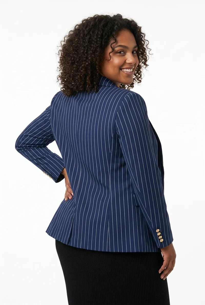 Stylish Sisters Double-Breasted Tailored Blazer with Gold Buttons - Navy Blue / White