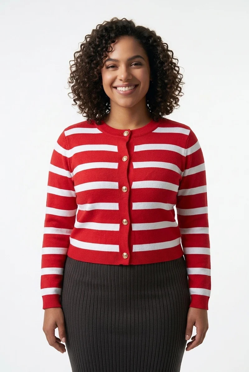 Stylish Sisters Ladies Cropped Striped Crewneck Cardigan Sweater with Gold Buttons - Red / White