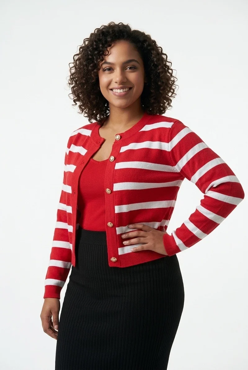 Stylish Sisters Ladies Cropped Striped Crewneck Cardigan Sweater with Gold Buttons - Red / White