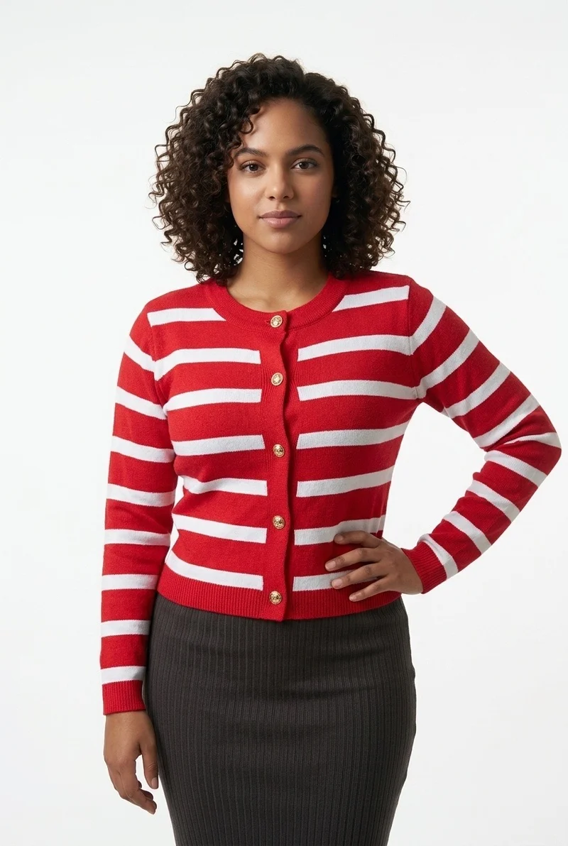 Stylish Sisters Ladies Cropped Striped Crewneck Cardigan Sweater with Gold Buttons - Red / White