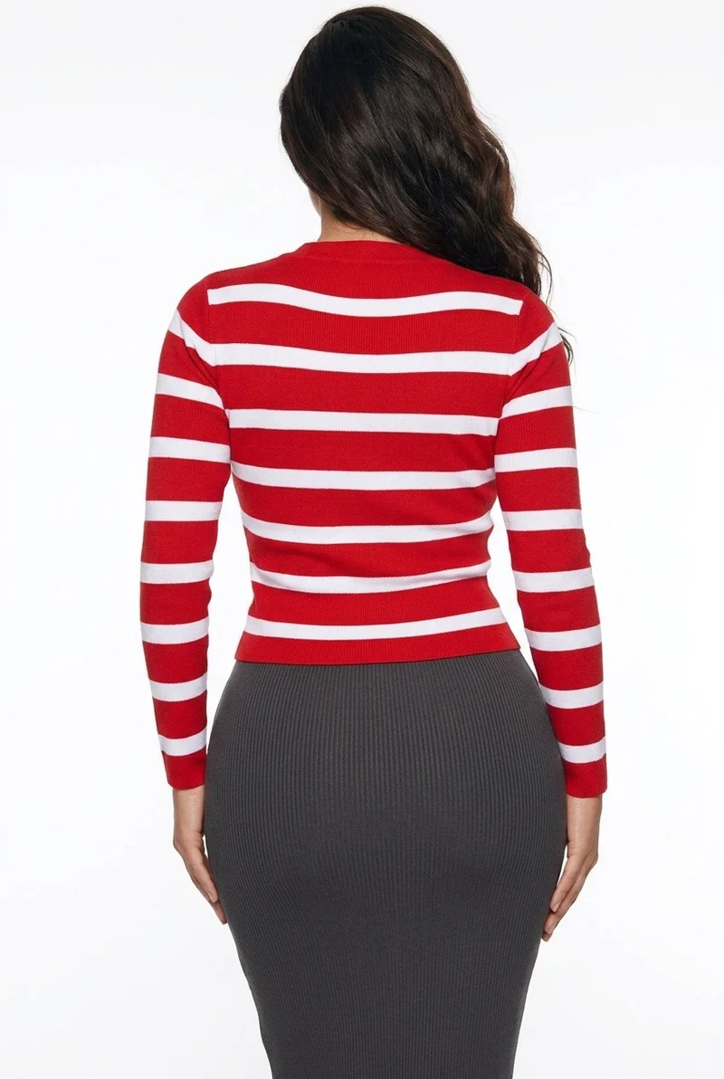 Stylish Sisters Ladies Cropped Striped Crewneck Cardigan Sweater with Gold Buttons - Red / White