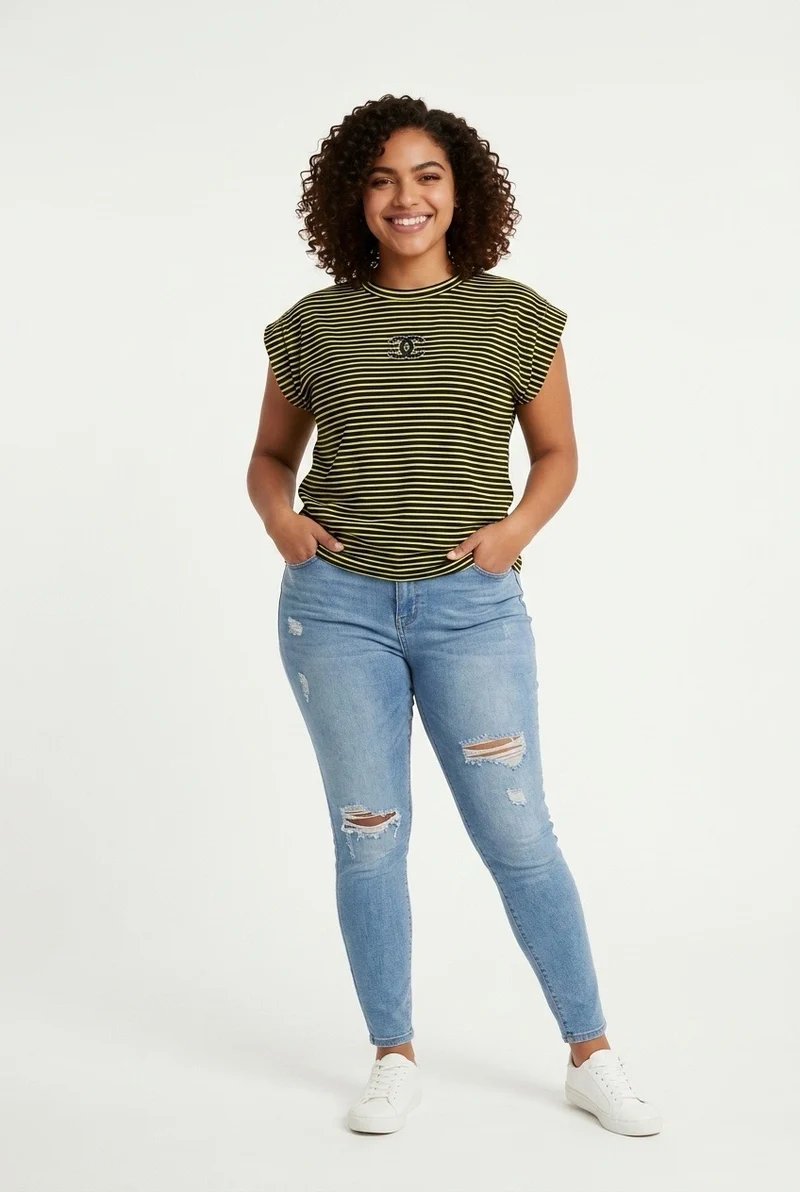 Stylish Sisters Striped Cap Sleeve Regular Fit Top - Yellow / Black