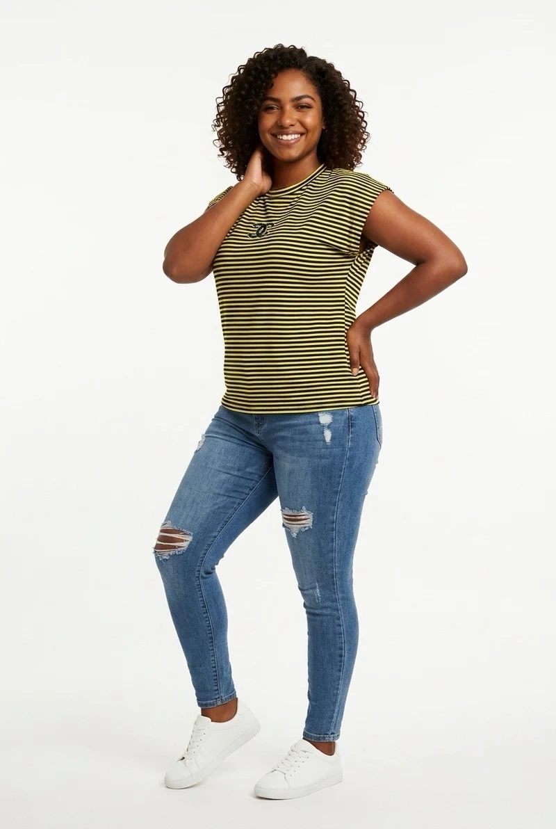 Stylish Sisters Striped Cap Sleeve Regular Fit Top - Yellow / Black