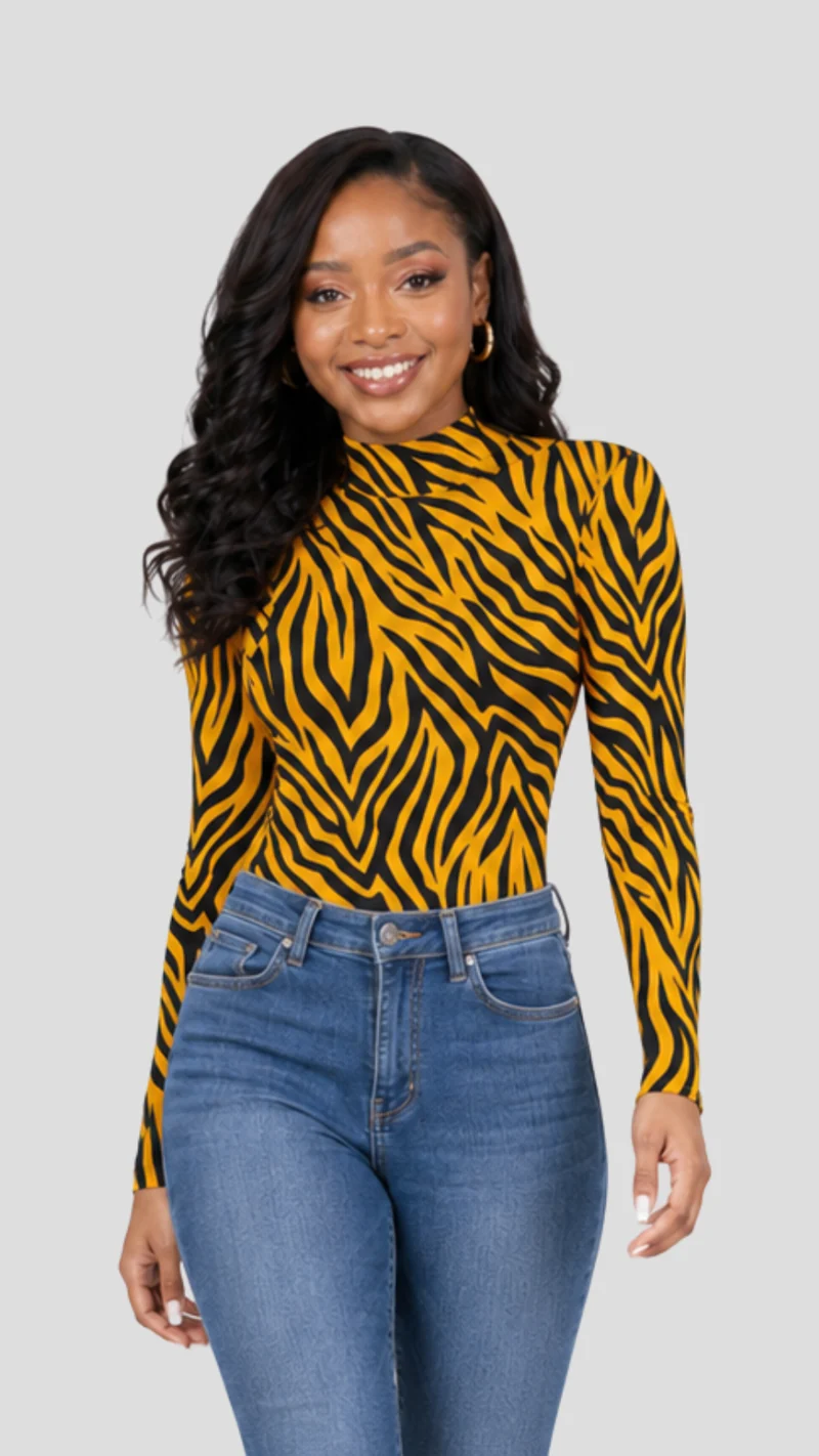 The Fashion Frenzy Savannah Stripe High-Neck Bodysuit - Yellow
