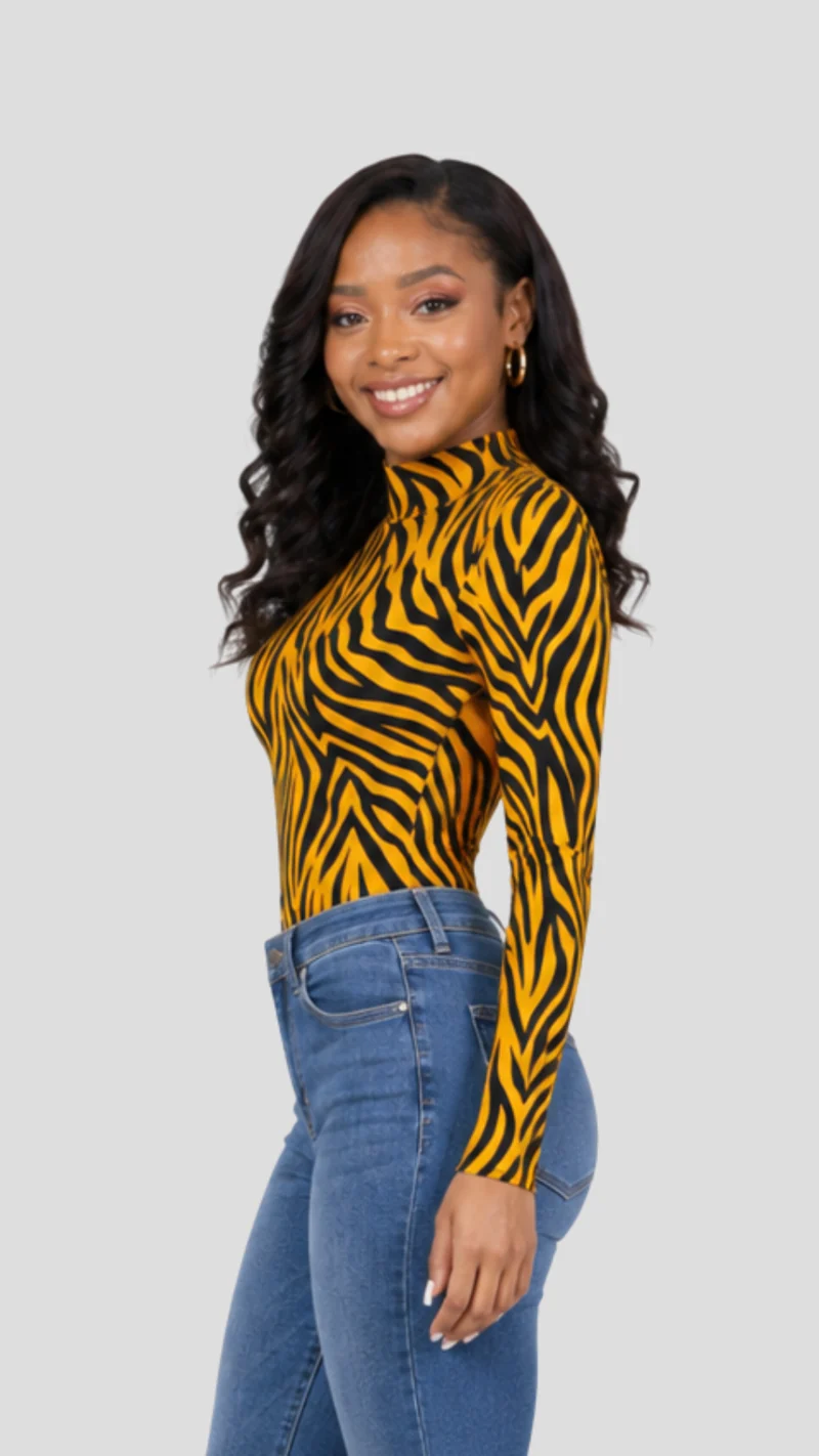 The Fashion Frenzy Savannah Stripe High-Neck Bodysuit - Yellow