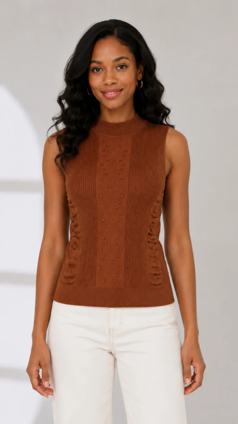 The Fashion Frenzy Mara Textured Mock-Neck Knit Vest- Brown