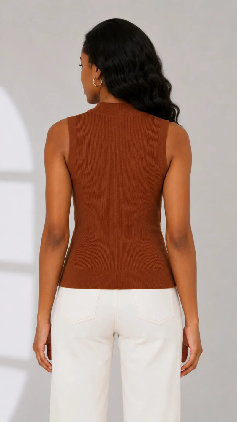 The Fashion Frenzy Mara Textured Mock-Neck Knit Vest- Brown