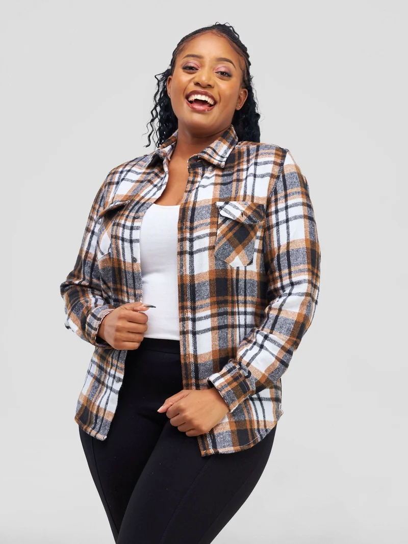 Stylish Sisters Ladies Flannel Shirt - Brown / White