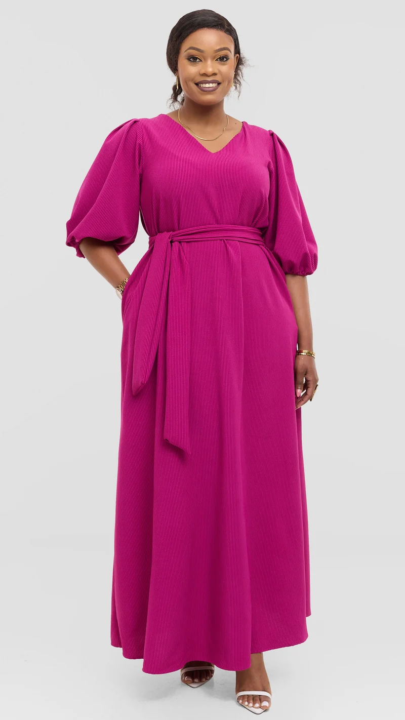 Vivo Bishop Sleeve Maxi Dress in Crepe - Fuschia Pinstripes