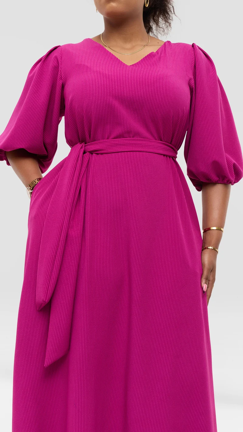 Vivo Bishop Sleeve Maxi Dress in Crepe - Fuschia Pinstripes