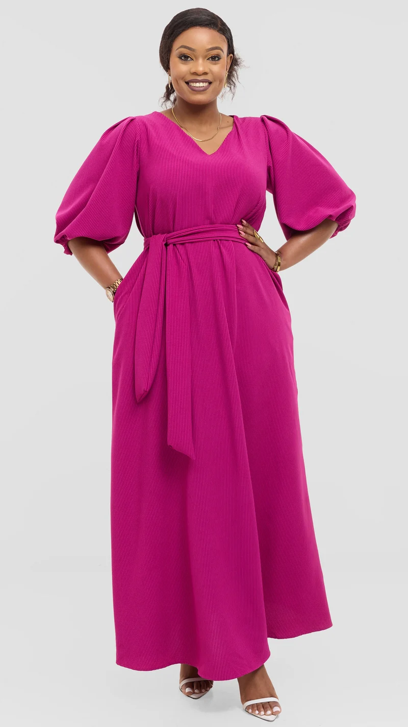 Vivo Bishop Sleeve Maxi Dress in Crepe - Fuschia Pinstripes
