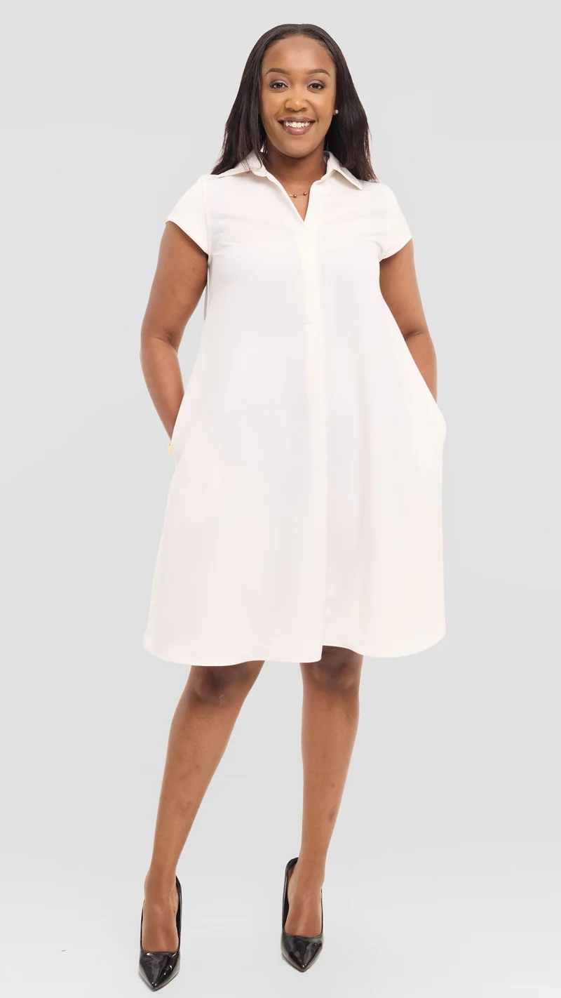 Vivo Yumi Cap Sleeve Knee Length Dress in Crepe - Off White