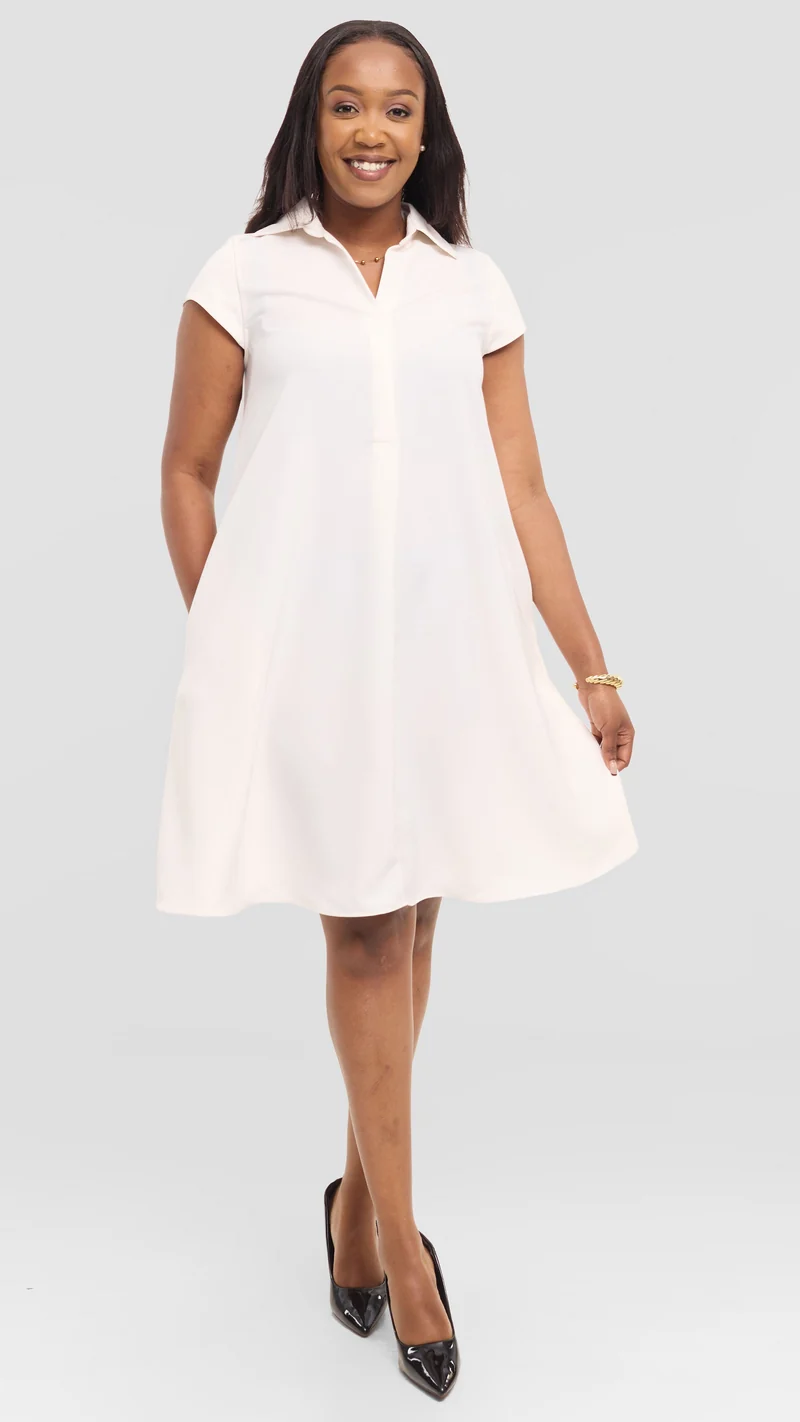 Vivo Yumi Cap Sleeve Knee Length Dress in Crepe - Off White