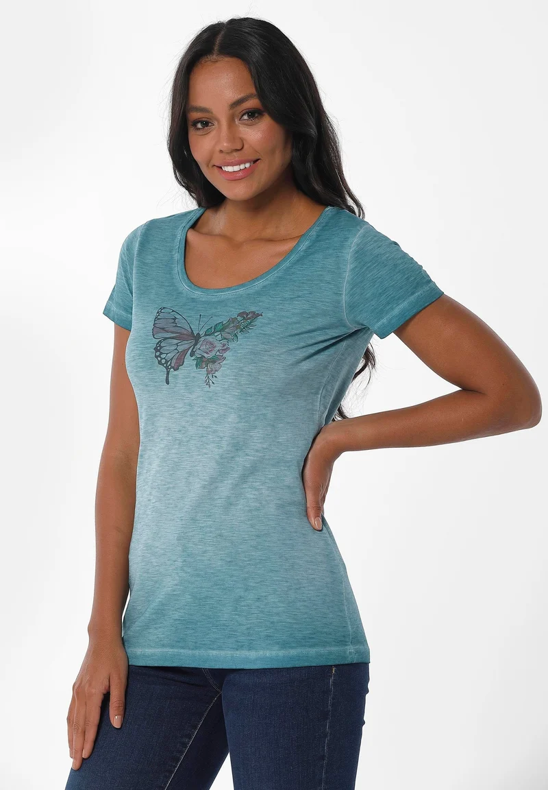 Garment Dyed T-Shirt aus Bio-Baumwolle mit Schmetterling-Print