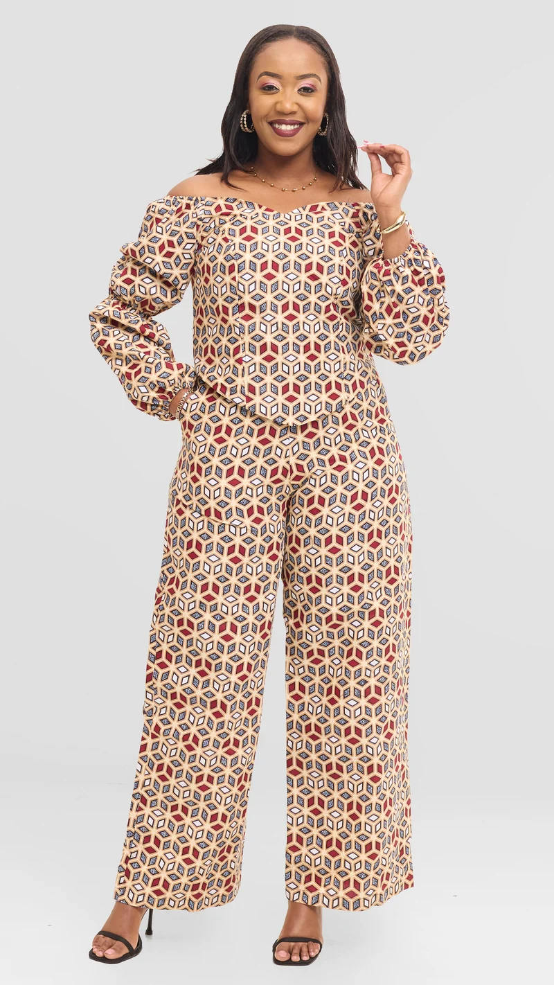 The Prism Lattice Off-Shoulder Set - Tan Print