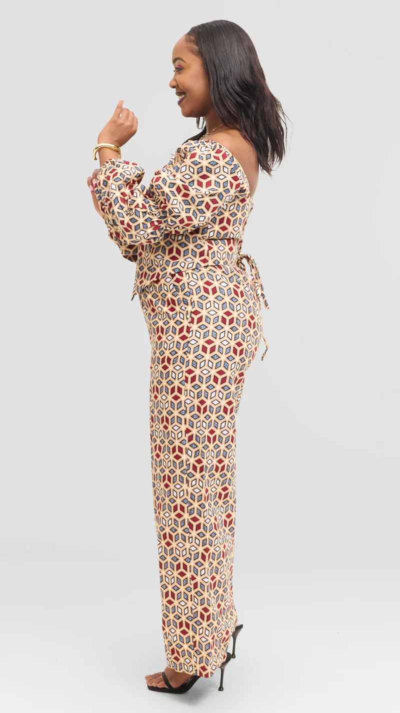 The Prism Lattice Off-Shoulder Set - Tan Print