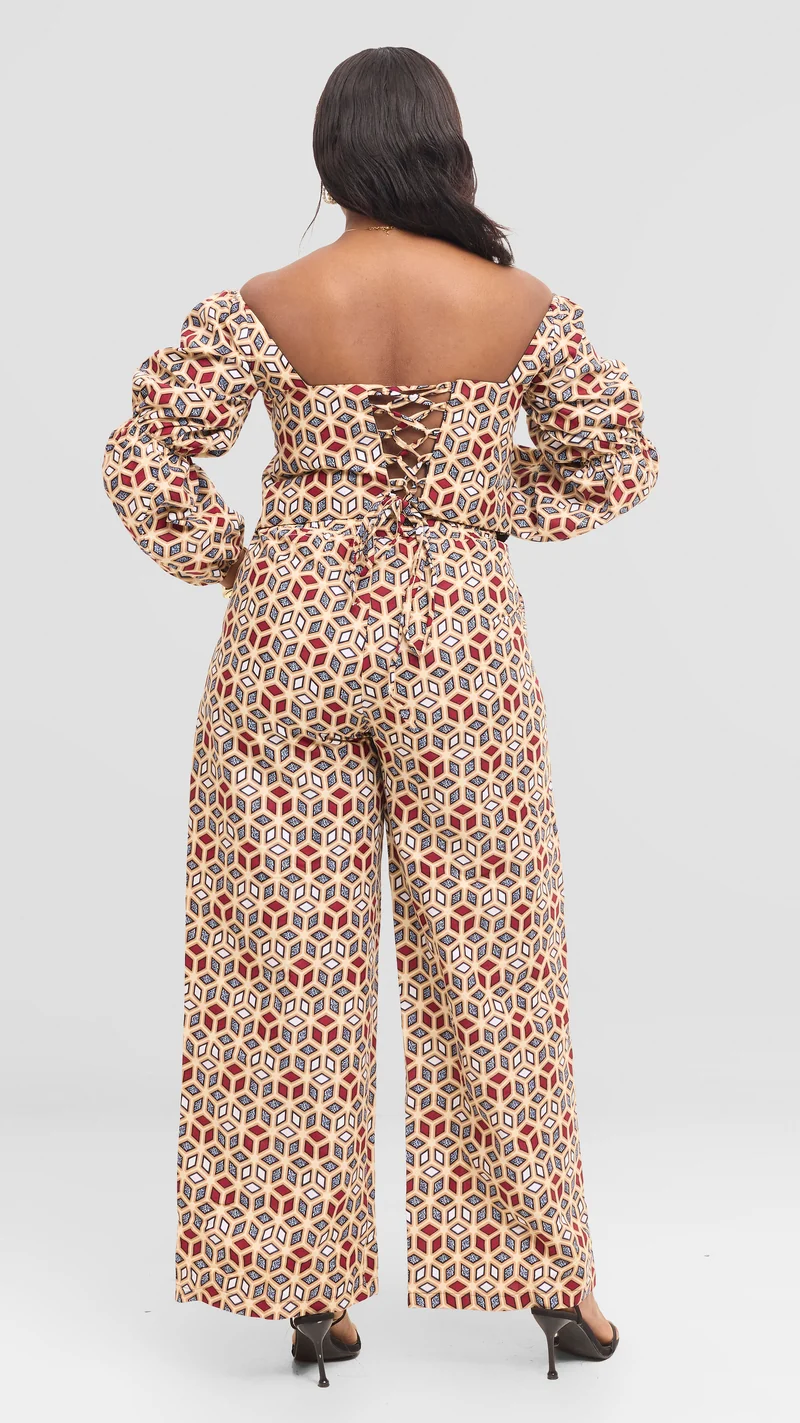 The Prism Lattice Off-Shoulder Set - Tan Print