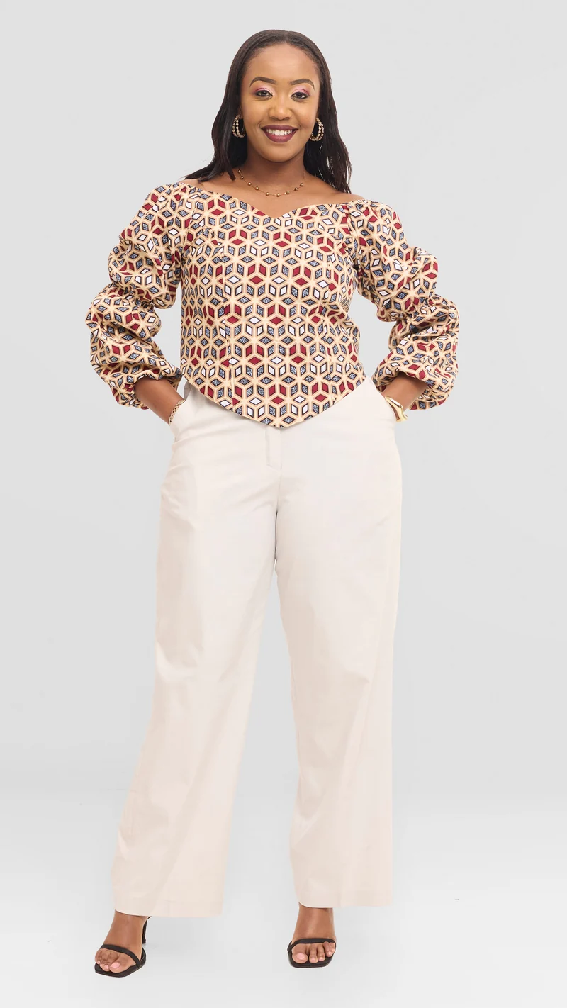 The Prism Lattice Ivory Trouser Set - Beige / Tan Print