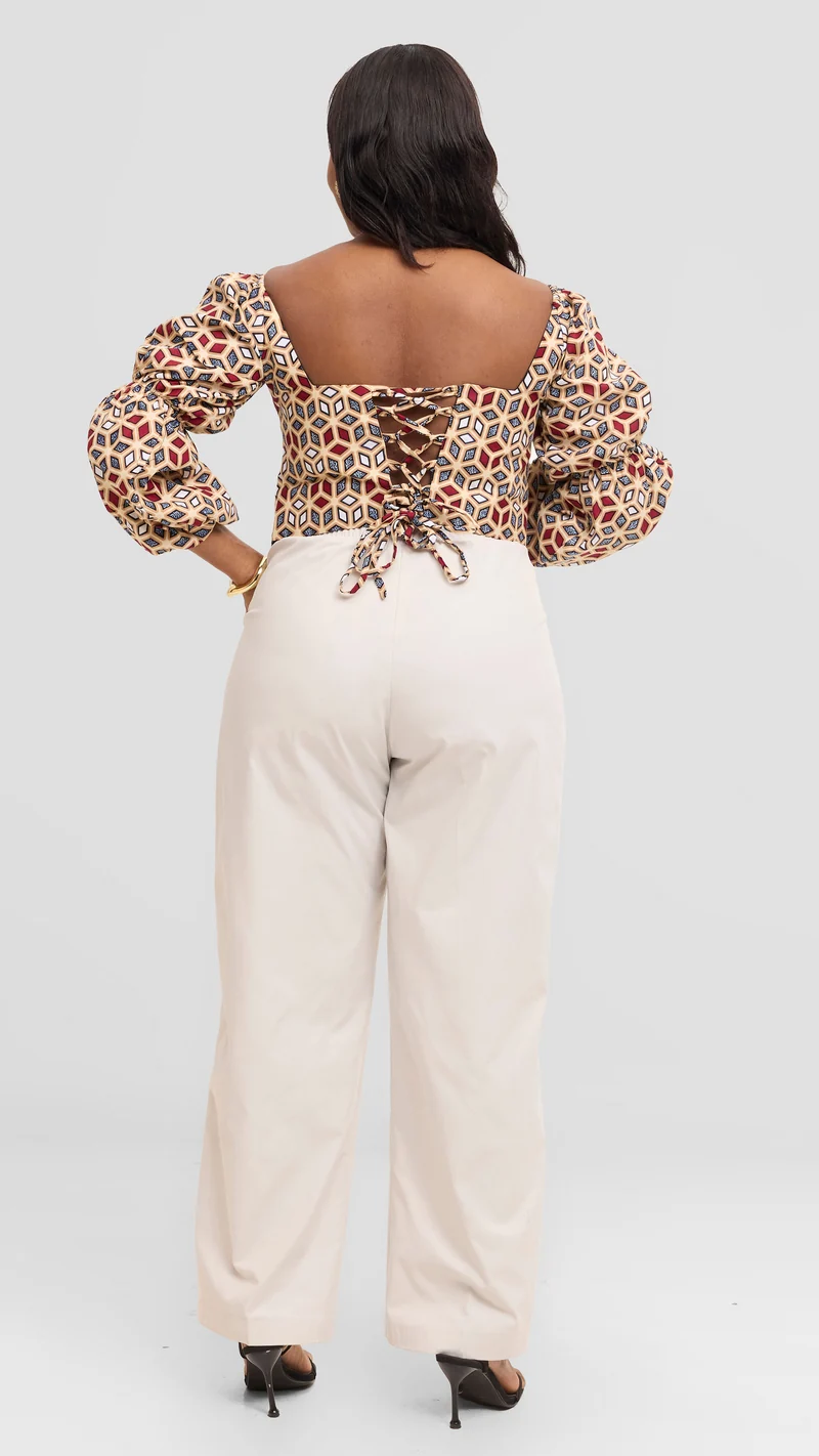The Prism Lattice Ivory Trouser Set - Beige / Tan Print