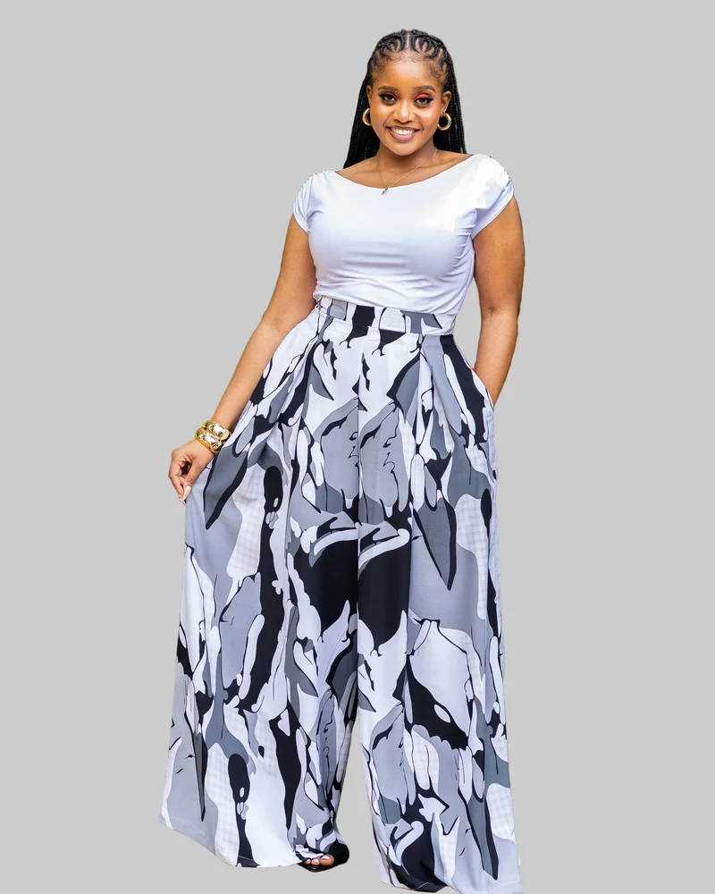 African Yuva Luna Palazzo Pants - Grey / White