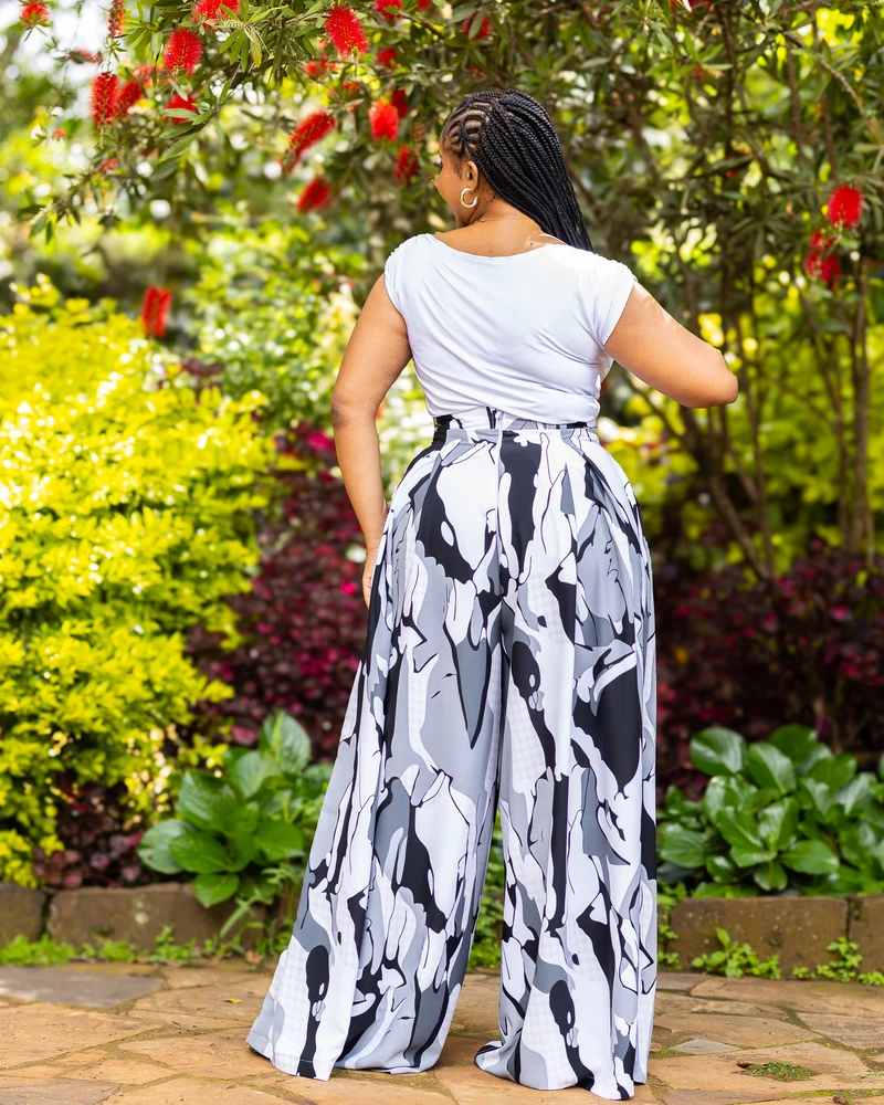 African Yuva Luna Palazzo Pants - Grey / White