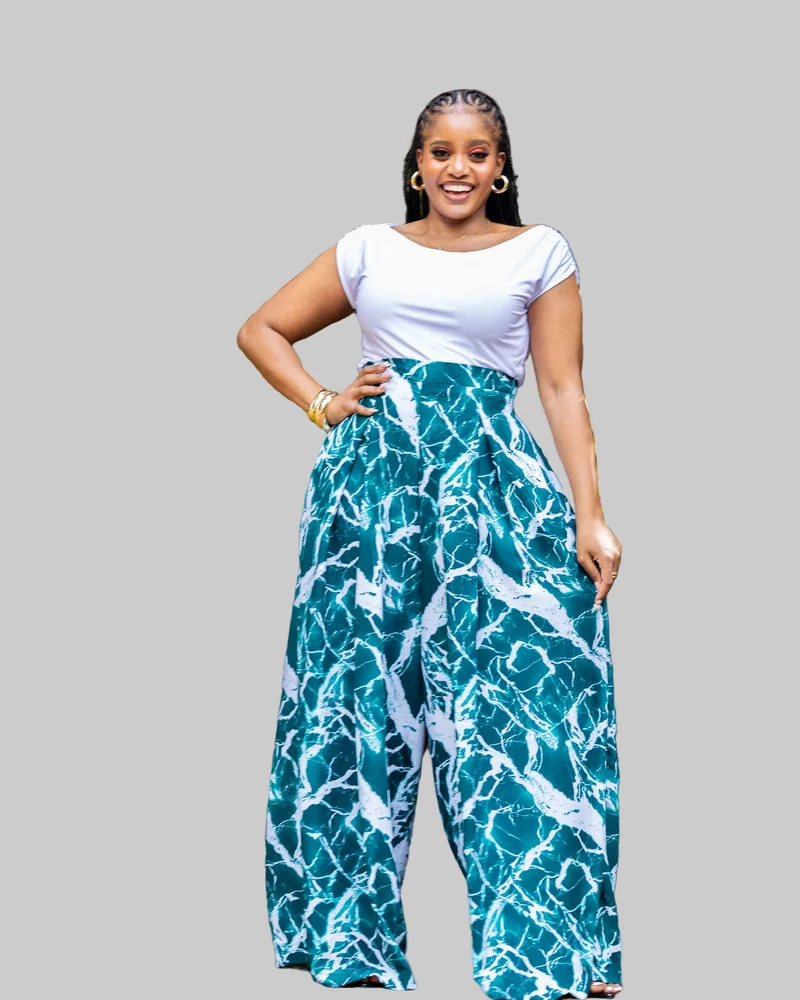 African Yuva Lela Palazzo Pants - Teal / White