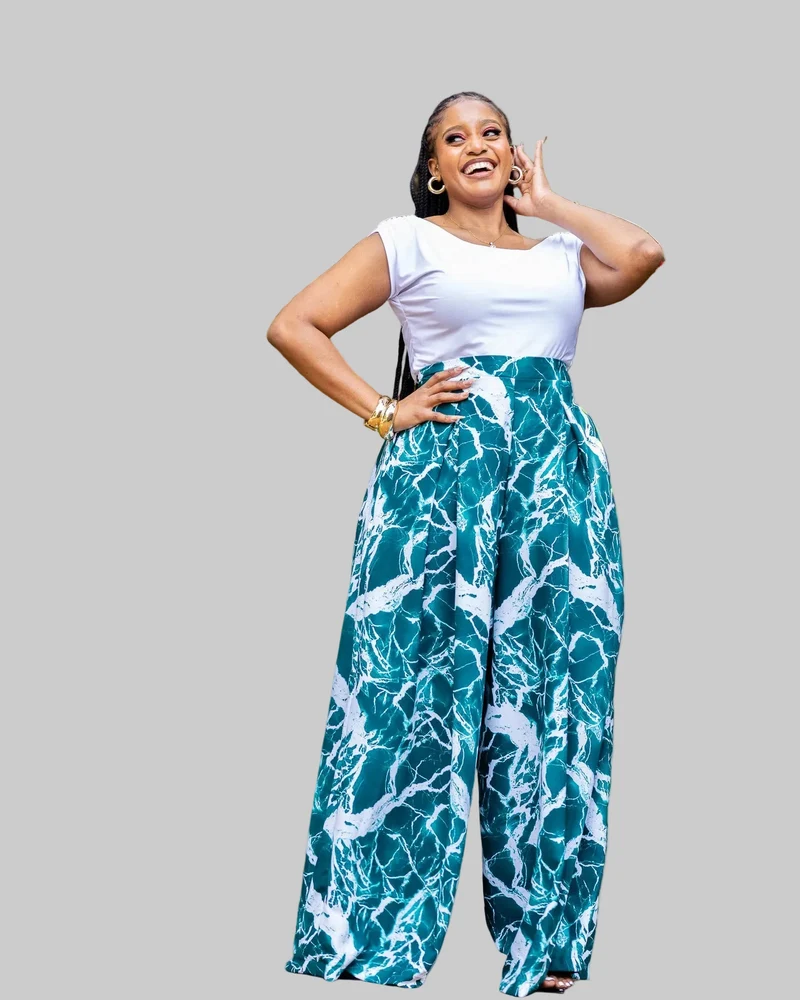 African Yuva Lela Palazzo Pants - Teal / White