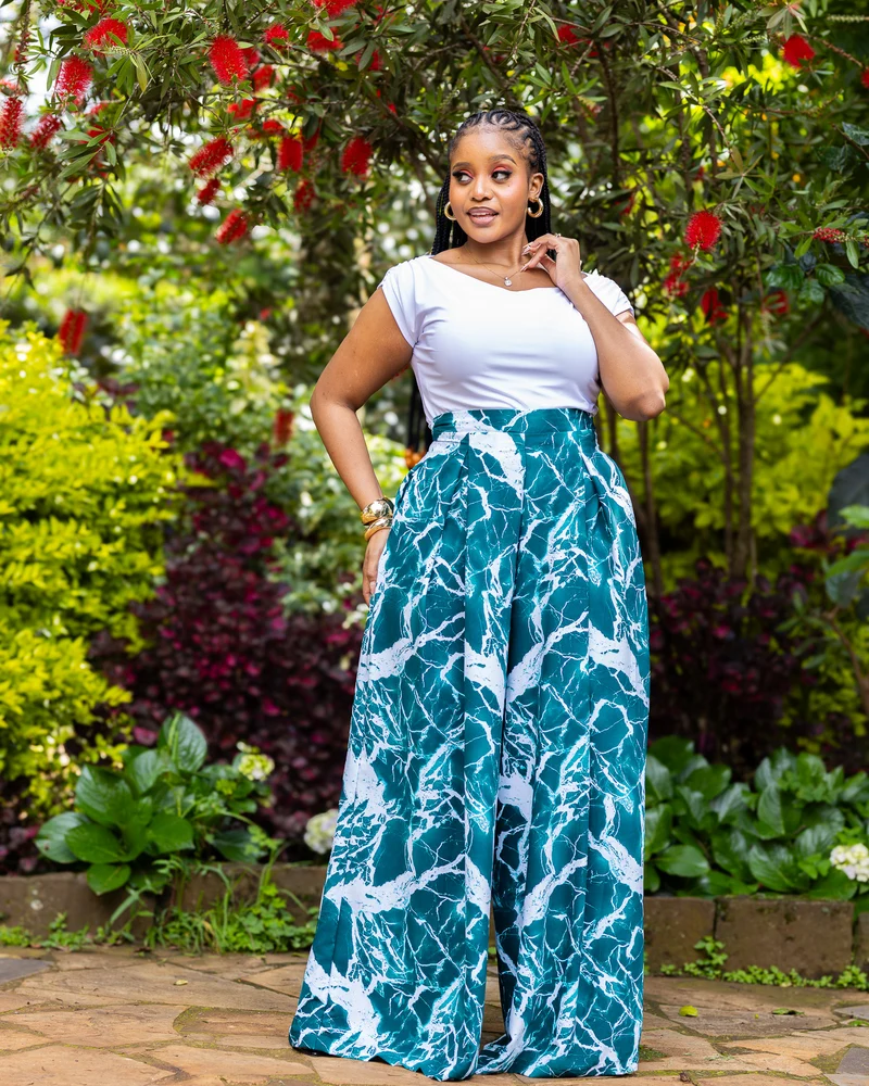 African Yuva Lela Palazzo Pants - Teal / White