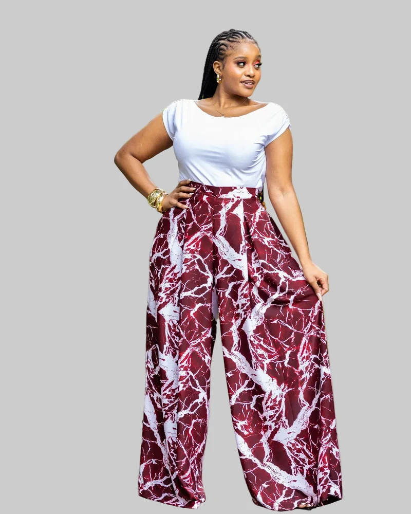 African Yuva Lela Palazzo Pants - Burgundy / White