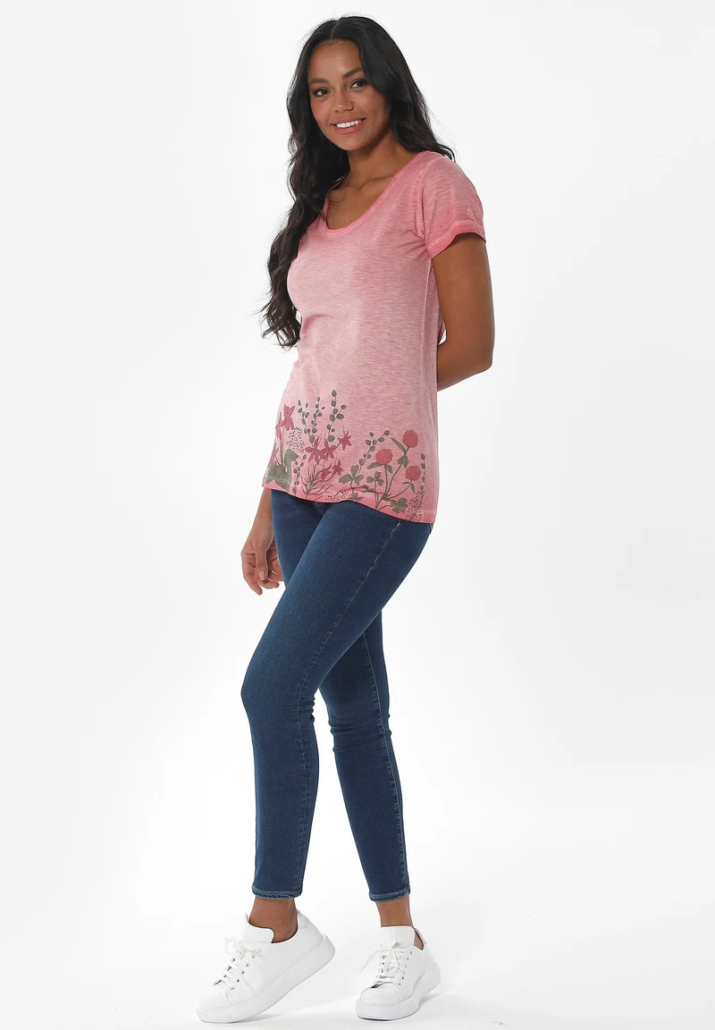 Garment Dyed T-Shirt aus Bio-Baumwolle mit Blume-Print