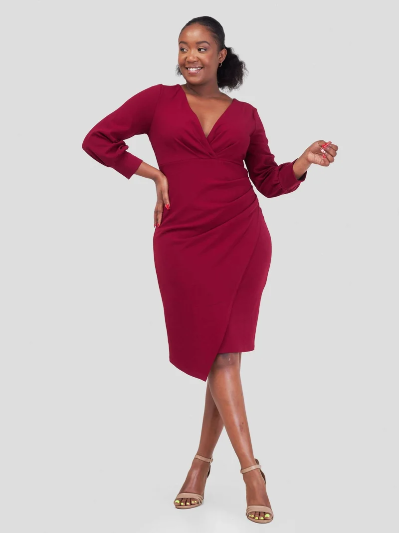 WSC Pambo Immaculate Chic Wine Wrap Pleat Dress - Wine