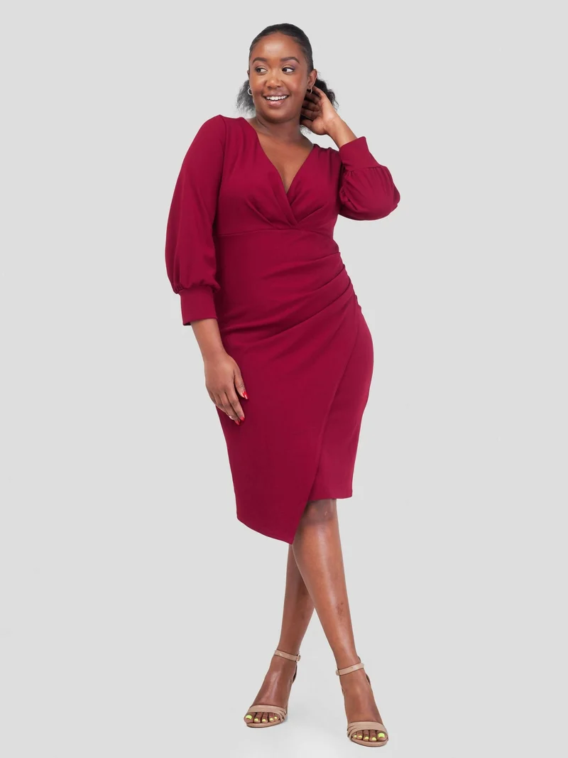 WSC Pambo Immaculate Chic Wine Wrap Pleat Dress - Wine