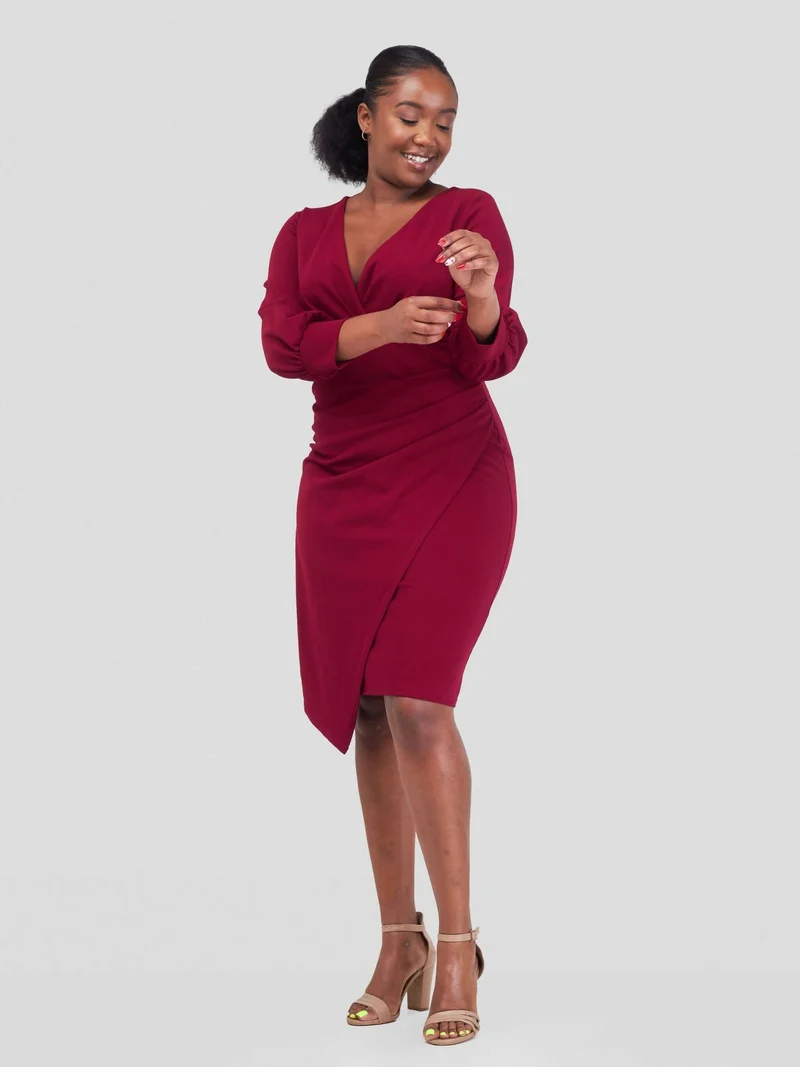 WSC Pambo Immaculate Chic Wine Wrap Pleat Dress - Wine