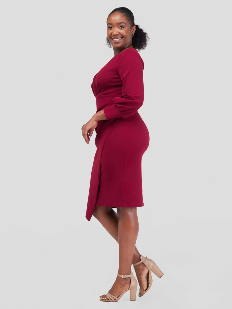 WSC Pambo Immaculate Chic Wine Wrap Pleat Dress - Wine