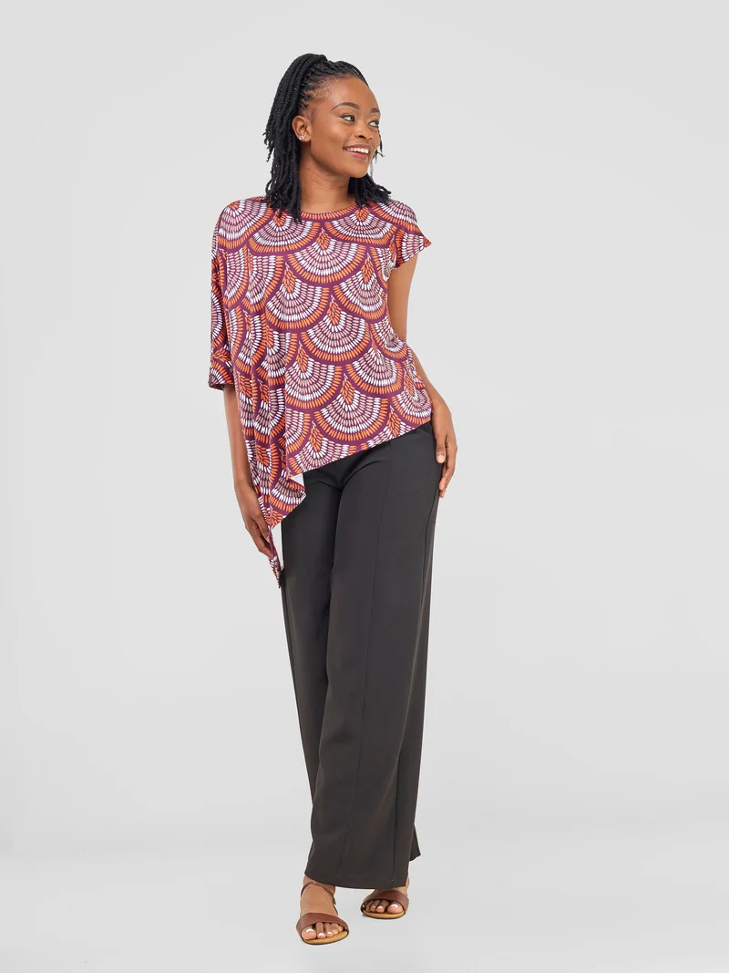Vivo Nkasi Asymmetrical Top - Burgundy / Orange Kasi Print