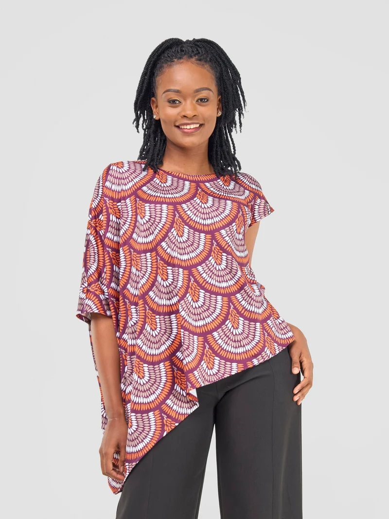 Vivo Nkasi Asymmetrical Top - Burgundy / Orange Kasi Print