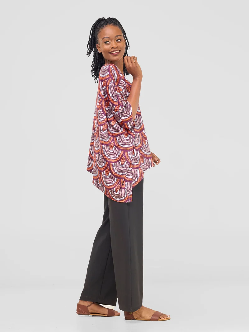 Vivo Nkasi Asymmetrical Top - Burgundy / Orange Kasi Print