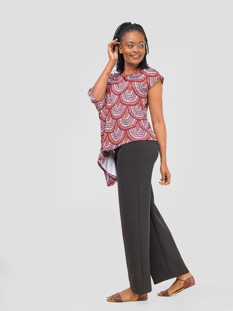 Vivo Nkasi Asymmetrical Top - Burgundy / Orange Kasi Print