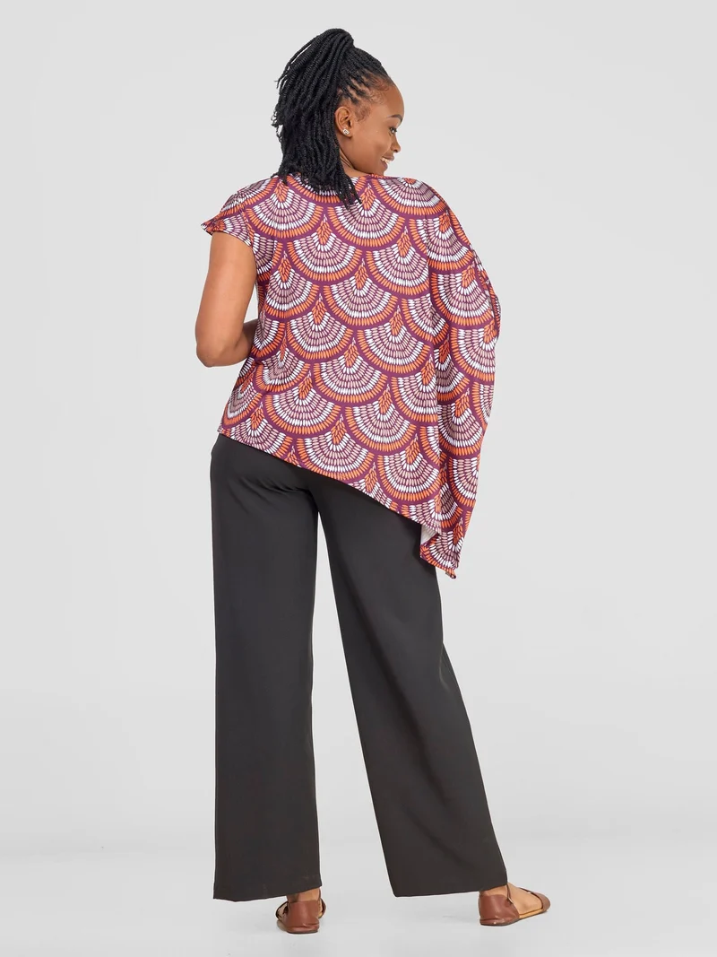 Vivo Nkasi Asymmetrical Top - Burgundy / Orange Kasi Print